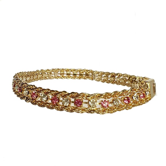 FANCY Pink Crystal and White Zirconias 10K Yellow Gold Plated Tennis Bracelet - Picture 2 of 9